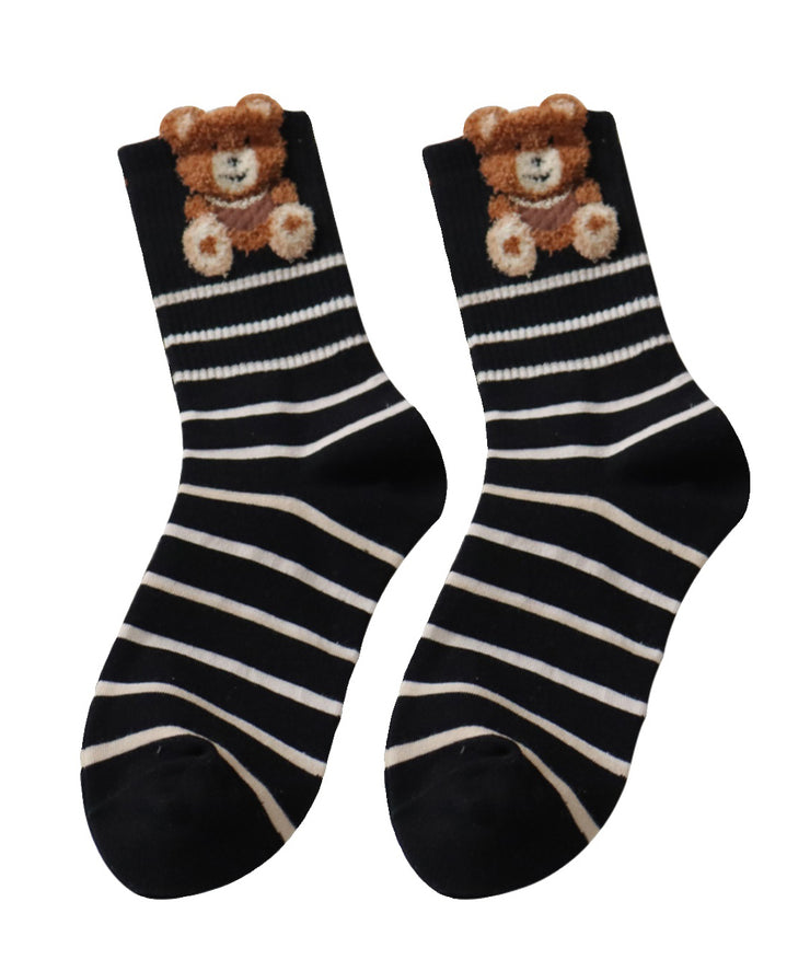 Korean Version Plush Teddy Bear Striped Pure Cotton Mid Calf Socks