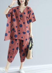 Korean version of cotton and linen women's brown dot print top + casual wide leg pants suit - SooLinen