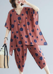 Korean version of cotton and linen women's brown dot print top + casual wide leg pants suit - SooLinen