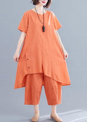 Korean version of the loose large size orange women's irregular tops + pants casual cotton and linen - SooLinen