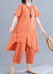 Korean version of the loose large size orange women's irregular tops + pants casual cotton and linen - SooLinen
