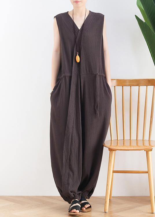Korean version of the thin wide-leg jumpsuit female summer cotton and linen loose fashion chocolate nine points jumpsuit - SooLinen