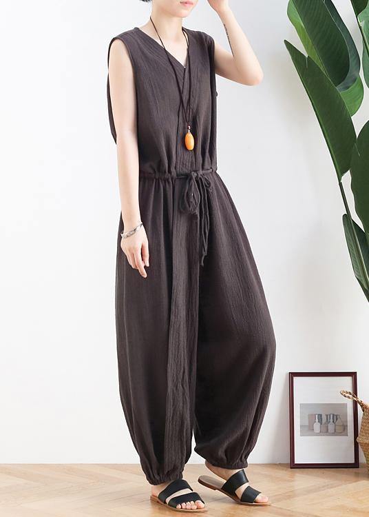 Korean version of the thin wide-leg jumpsuit female summer cotton and linen loose fashion chocolate nine points jumpsuit - SooLinen