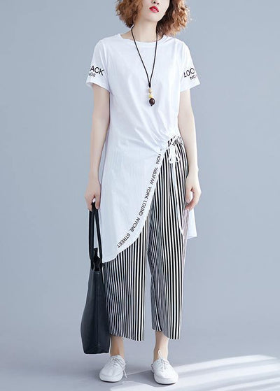Korean women's short-sleeved T-shirt casual striped wide-leg pants suit - SooLinen