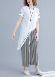 Korean women's short-sleeved T-shirt casual striped wide-leg pants suit - SooLinen
