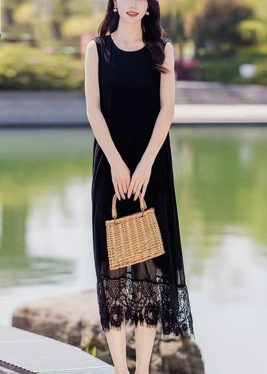 Lace Patchwork Pocket Round Neck Sleeveless Maxi Dress Black