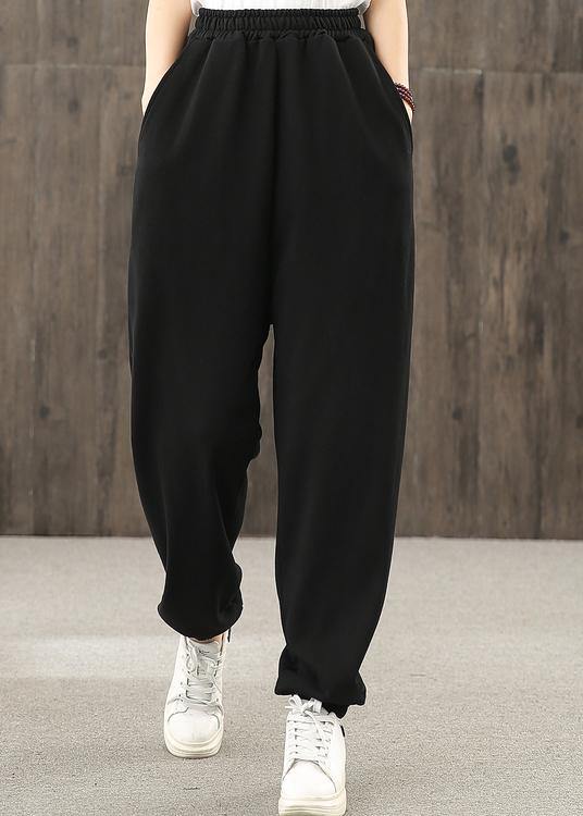 Ladies autumn art black elastic waist pocket casual pants - SooLinen