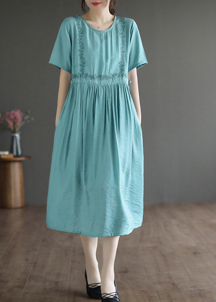 Lake Blue Cotton Maxi Dress Embroidered Summer