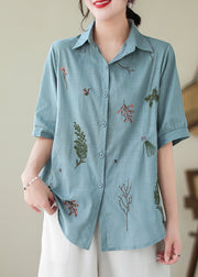 Lake Blue Cotton Shirt Peter Pan Collar Embroidered Summer
