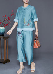 Lake Blue Patchwork Linen Silk Two Piece Set Women Clothing Embroidered Summer