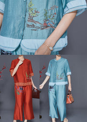 Lake Blue Patchwork Linen Silk Two Piece Set Women Clothing Embroidered Summer
