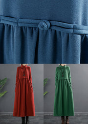 Lake Blue Pockets Thick Cotton Knit Long Dresses Turtleneck Long Sleeve