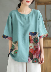 Lake Blue Print Patchwork Linen T Shirt Top O Neck Summer