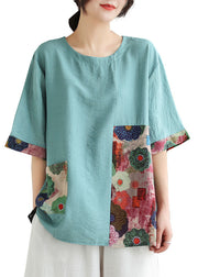 Lake Blue Print Patchwork Linen T Shirt Top O Neck Summer