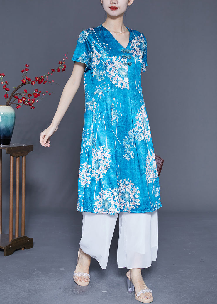 Lake Blue Print Silk A Line Dress Chinese Button Summer