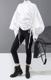 Lantern Sleeve Woman Casual Style Black White Hipster Blouse Shirt - SooLinen