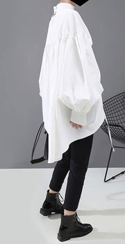 Lantern Sleeve Woman Casual Style Black White Hipster Blouse Shirt - SooLinen