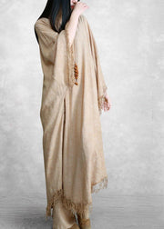 Plus Size Khaki Silk Linen Jacquard Tassel Dress Two Piece Set - SooLinen