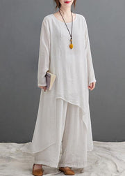 Large Size Loose Art Long White Top Casual Wide Leg Pants Two Piece Suit For Women - SooLinen