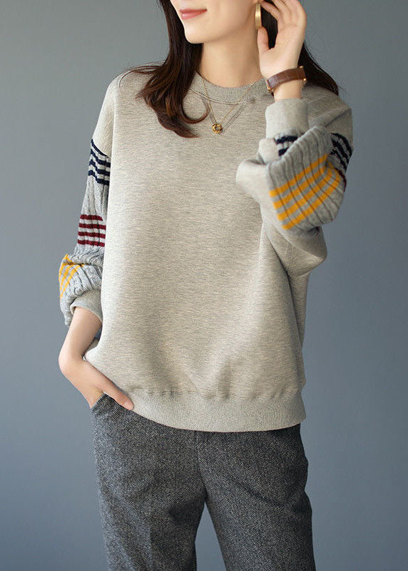 Lazy Grey O-Neck Striped Knit Patchwork Cotton Sweatshirt Long Sleeve