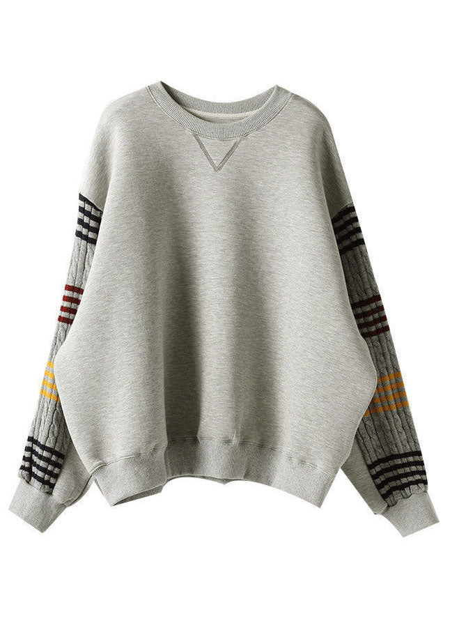 Lazy Grey O-Neck Striped Knit Patchwork Cotton Sweatshirt Long Sleeve