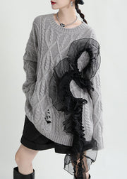 Lazy Grey Tulle Patchwork Ripped Knit Sweater Tops Winter