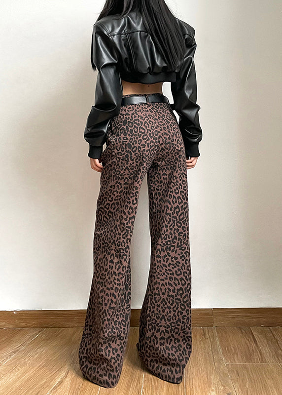 Leisure Versatile Leopard Print High Waisted Straight Leg Pants Spring