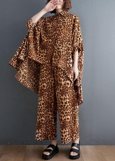 Leopard Chiffon Two Piece Irregular Shirt Wide Leg Capris - SooLinen