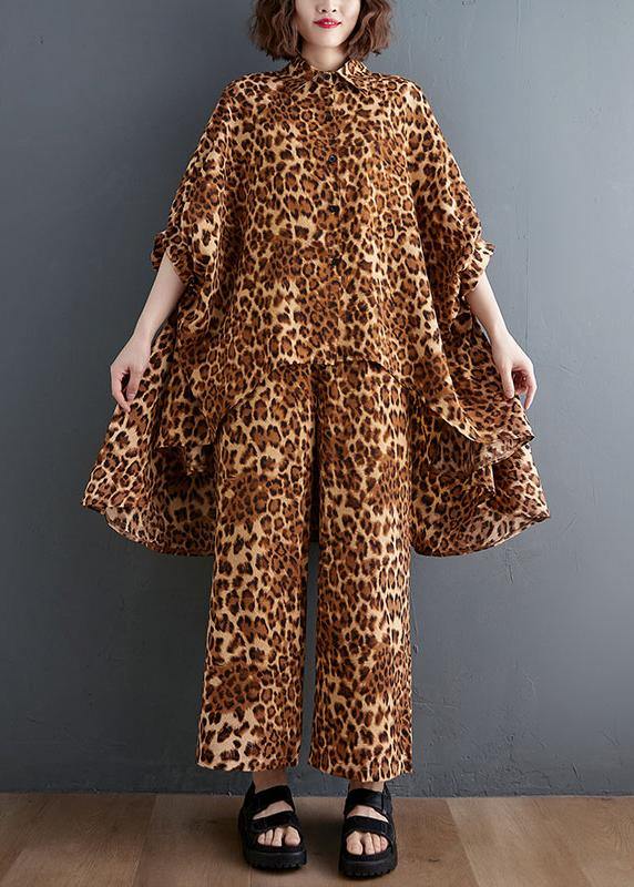Leopard Chiffon Two Piece Irregular Shirt Wide Leg Capris - SooLinen