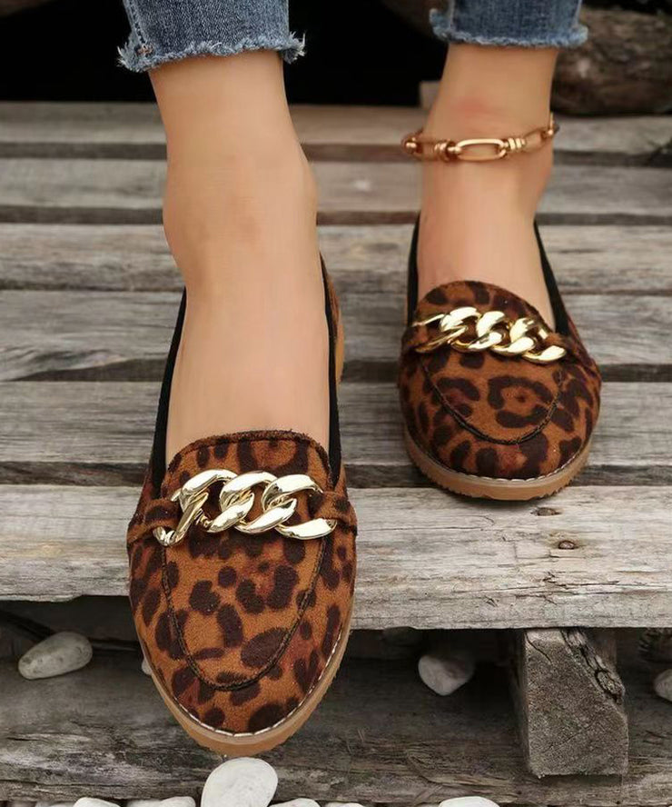 Leopard Flats Shoes Faux Leather Sequined Chain Linked Stylish Splicing