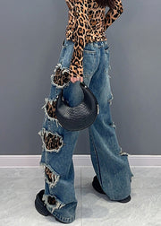 Leopard Pockets Patchwork Denim Pants High Waist