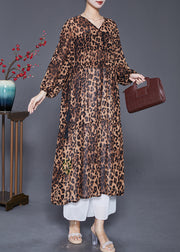 Leopard Print Chiffon Maxi Dresses Drawstring Lantern Sleeve