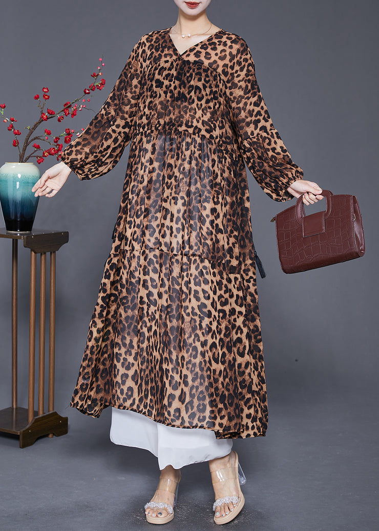 Leopard Print Chiffon Maxi Dresses Drawstring Lantern Sleeve
