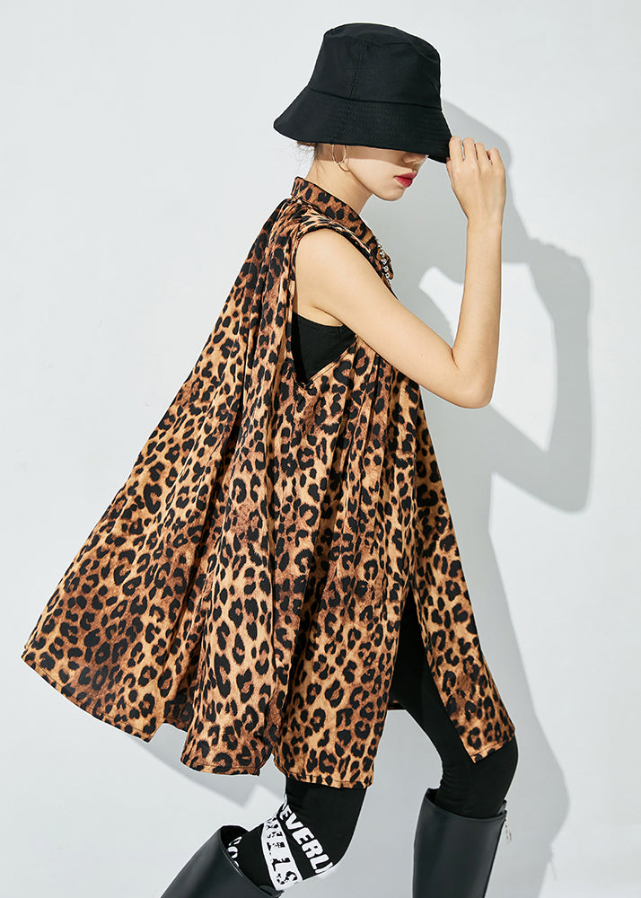 Leopard Print Cotton A Line Blouse Top Stand Collar Sleeveless