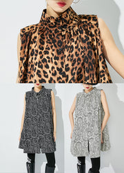 Leopard Print Cotton A Line Blouse Top Stand Collar Sleeveless