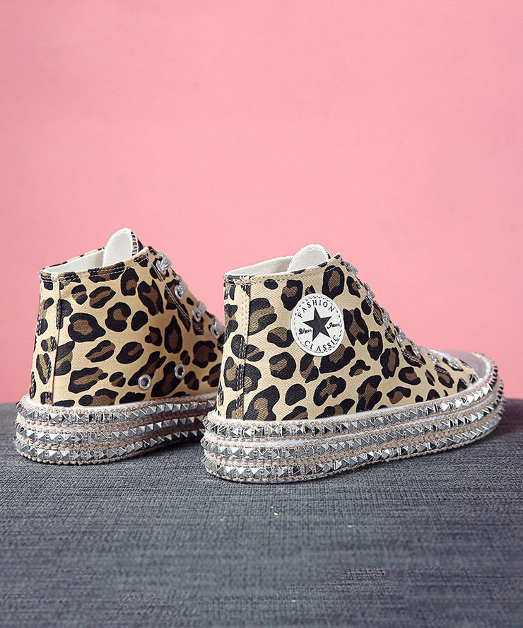 Leopard Print Flat Shoes For Women Rivet Cross Strap Splicing Flat Shoes For Women
