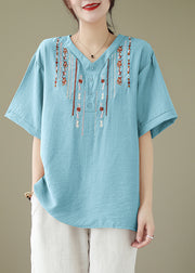 Light Blue Cotton Shirt Top Oversized Embroidered Summer