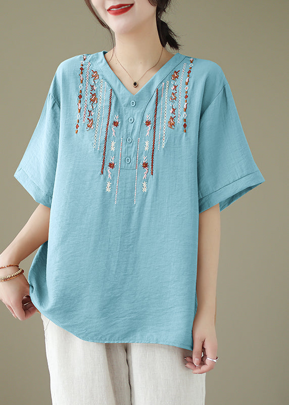 Light Blue Cotton Shirt Top Oversized Embroidered Summer