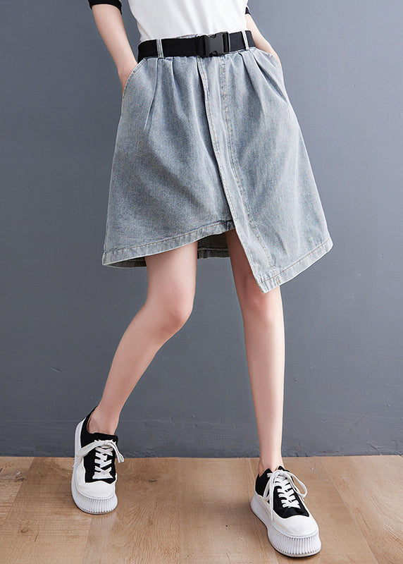 Light Blue Denim Skirts Asymmetrical Design Elastic Waist Summer
