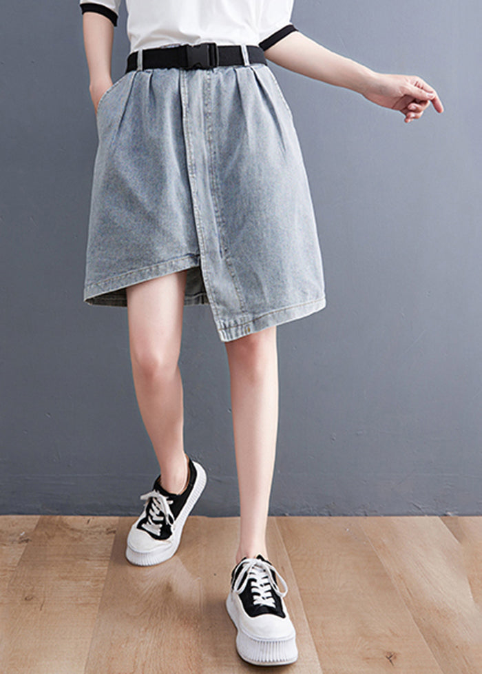 Light Blue Denim Skirts Asymmetrical Design Elastic Waist Summer