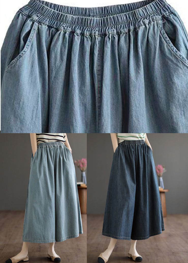 Light Blue Elastic Waist Wide Leg Pants Skirt