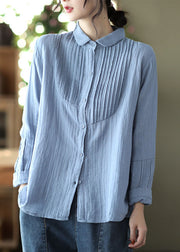 Light Blue Patchwork Button Cotton Shirt Tops Spring