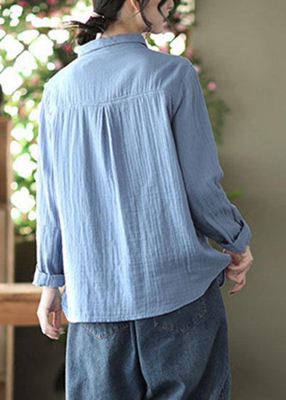 Light Blue Patchwork Button Cotton Shirt Tops Spring