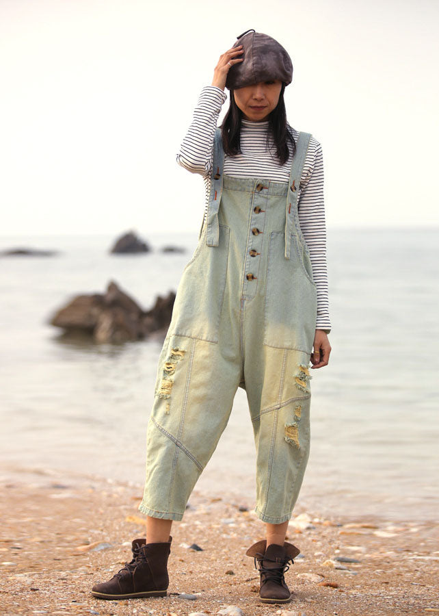 Light Blue Patchwork Cotton Loose Jumpsuit Ripped Spring