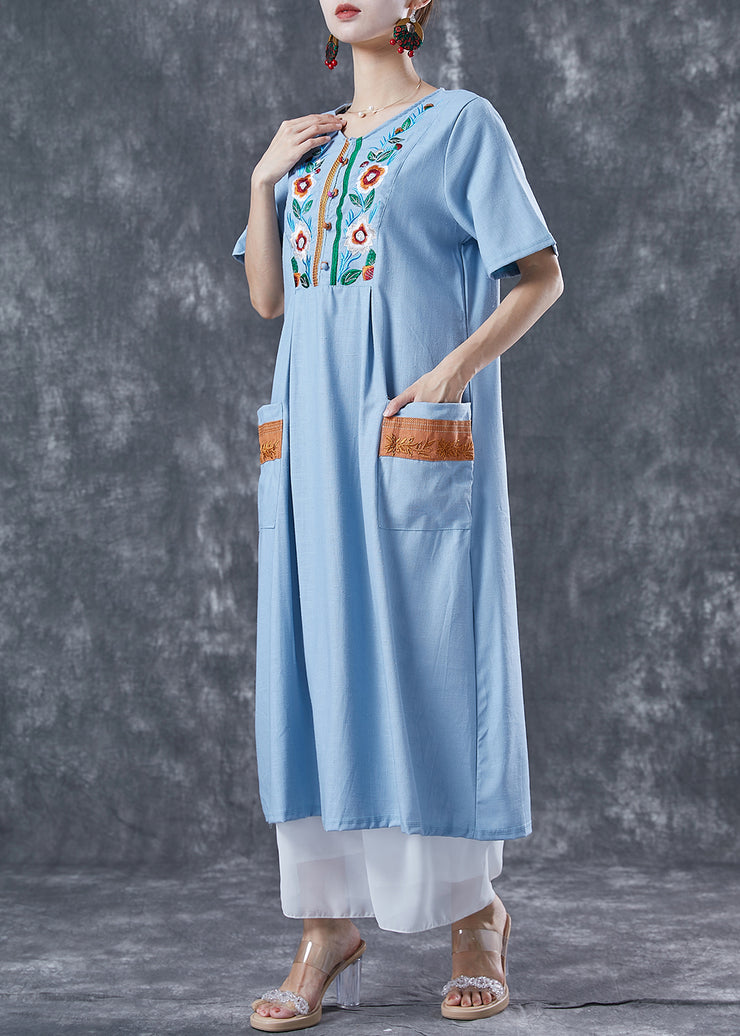Light Blue Patchwork Linen Long Dress Embroidered Summer