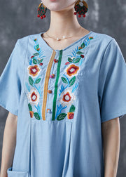 Light Blue Patchwork Linen Long Dress Embroidered Summer