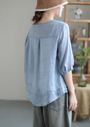 Light Blue Patchwork Linen Shirts V Neck Half Sleeve