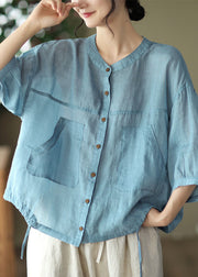 Light Blue Pockets Linen Shirt Tops Solid Color Drawstring Bracelet Sleeve