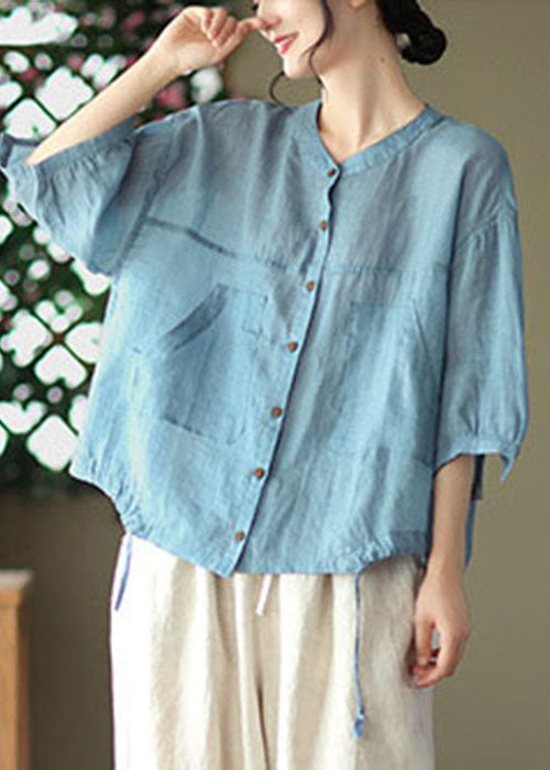 Light Blue Pockets Linen Shirt Tops Solid Color Drawstring Bracelet Sleeve