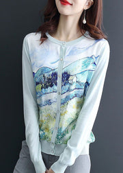 Light Blue Print Knit Cardigan O-Neck Oversized Spring